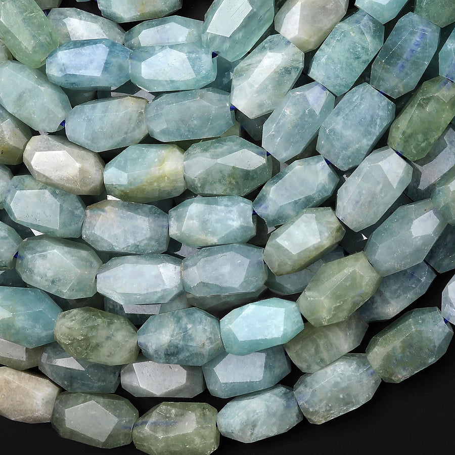 AAA Faceted Translucent Natural Blue Aquamarine Barrel Nugget Beads 15.5" Strand