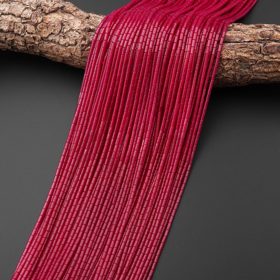 Lab-grown Red Ruby Smooth 2x4mm Thin Tube Gemstone Beads 15.5" Strand
