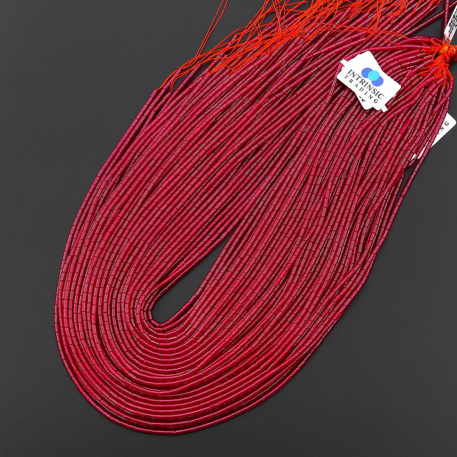 Lab-grown Red Ruby Smooth 2x4mm Thin Tube Gemstone Beads 15.5" Strand