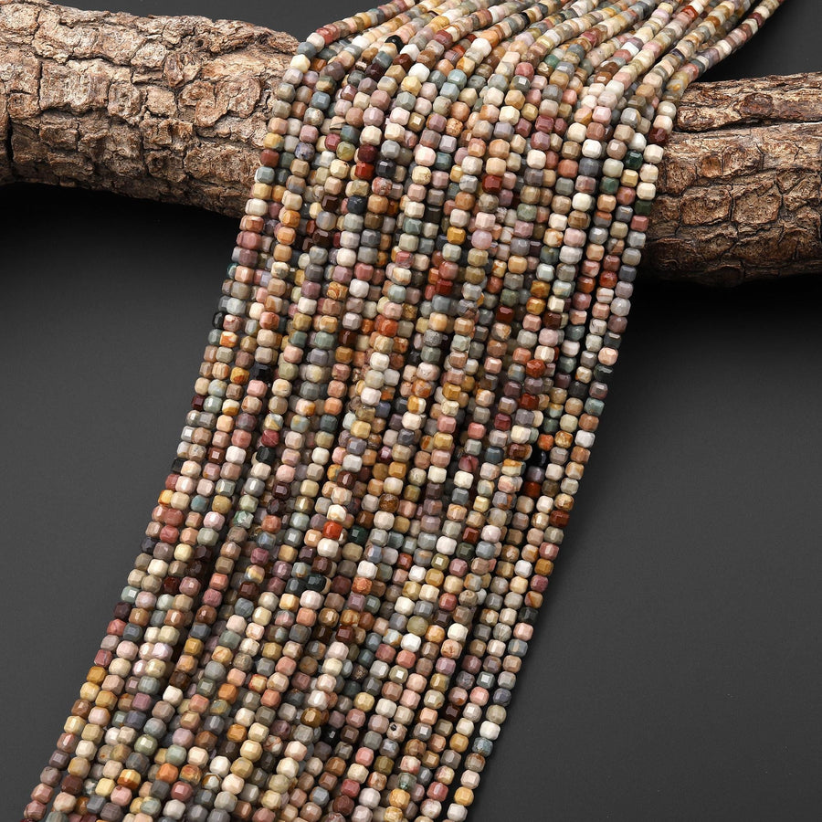 Faceted Natural Rainbow Agate 2mm 3mm Cube Beads Micro Diamond Cut Gemstone 15.5" Strand