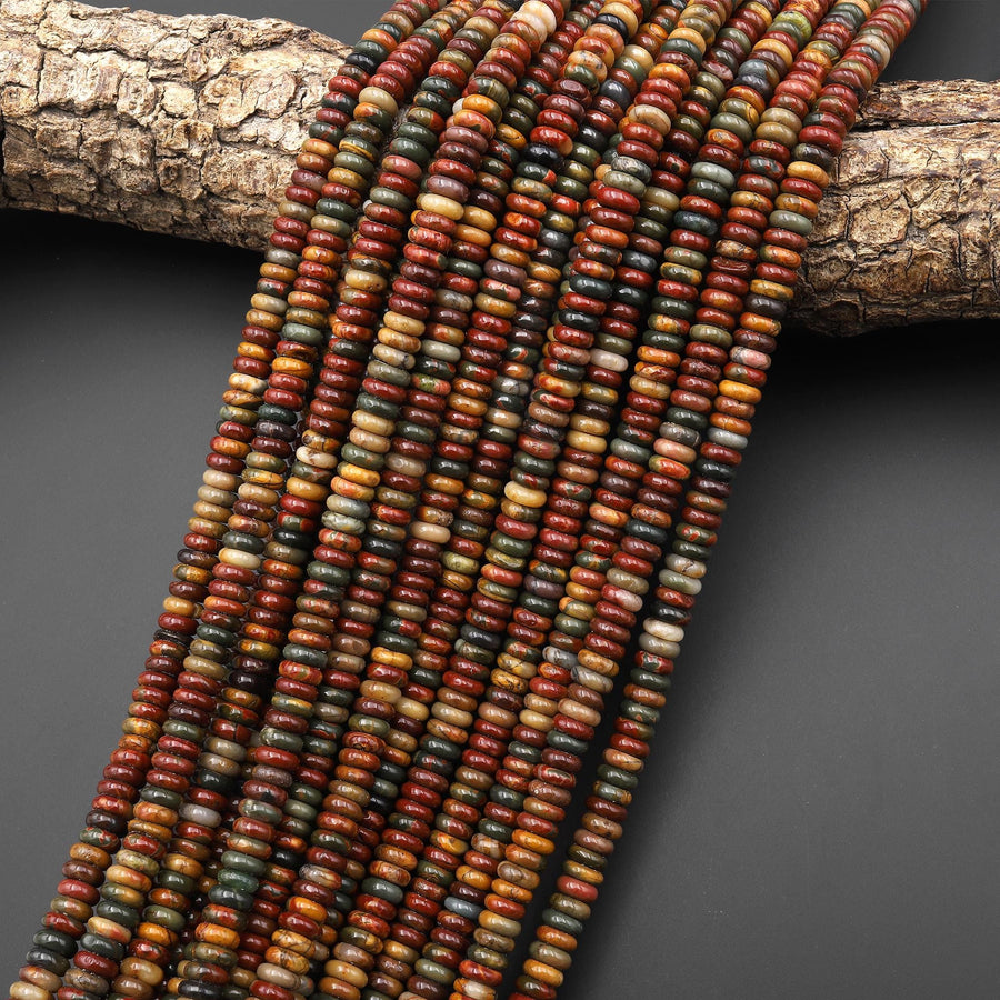 Natural Red Creek Jasper 4mm 6mm Smooth Thin Rondelle Beads Aka Multicolor Picasso Jasper 15.5" Strand