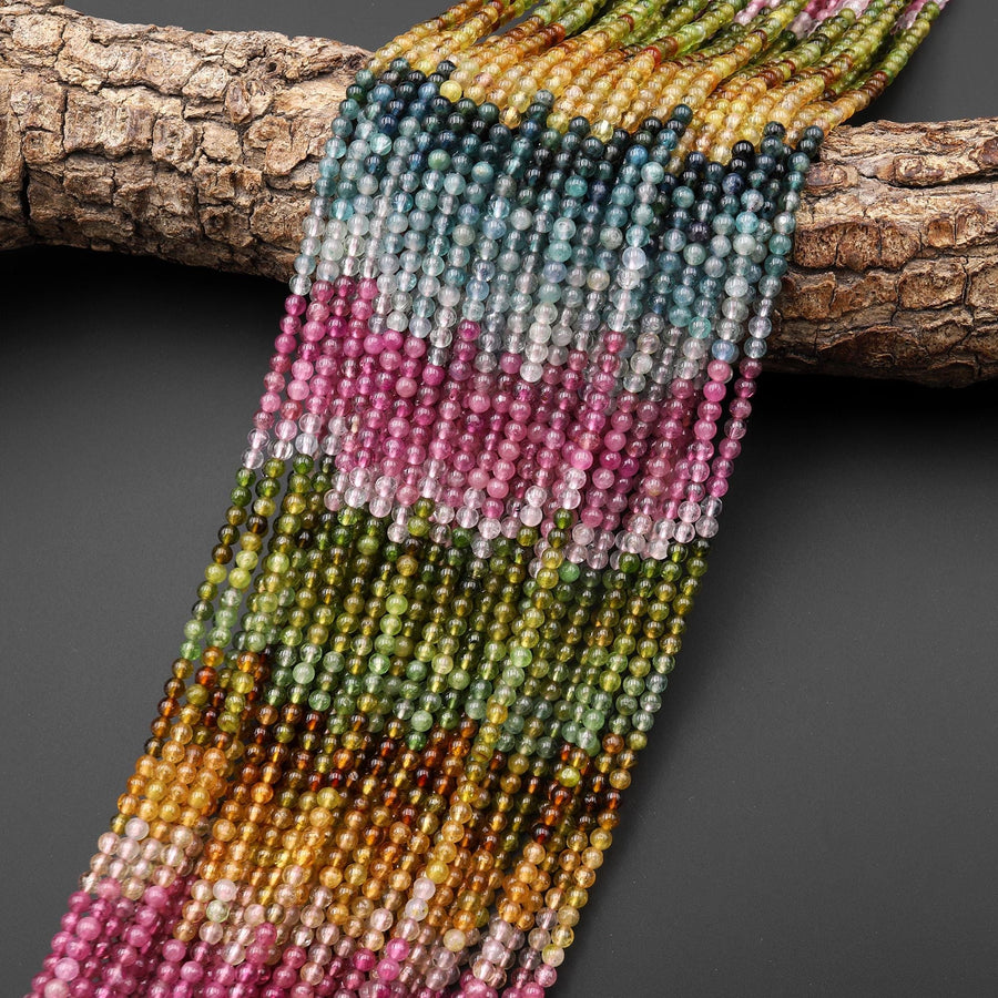 AAA Genuine Natural Pink Green Blue Yellow Tourmaline 3mm Smooth Round Ombre Gemstone Beads 15.5" Strand