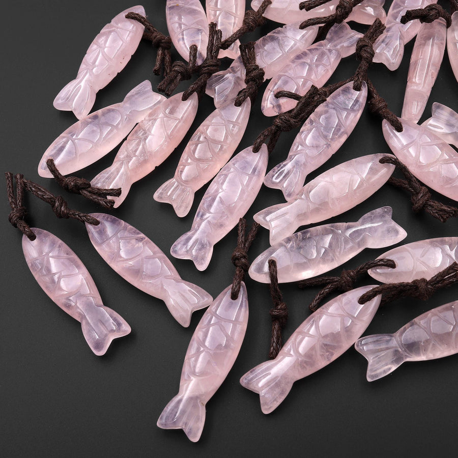 AAA Hand Carved Natural Pink Rose Quartz Fish Charm Pendant Focal Bead