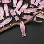 AAA Hand Carved Natural Pink Rose Quartz Fish Charm Pendant Focal Bead