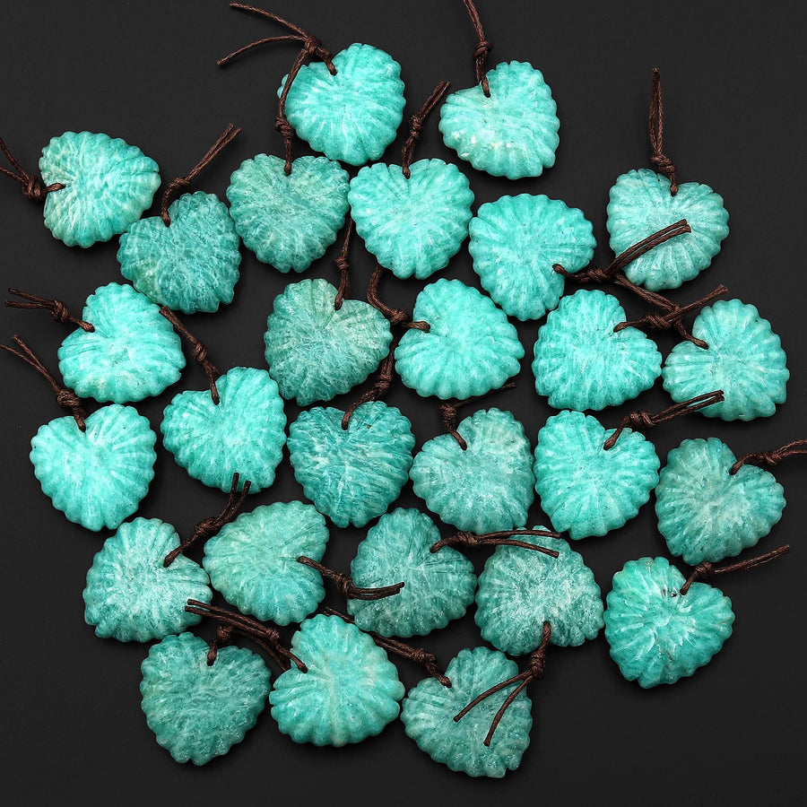 AAA Hand Carved Natural Aqua Blue Green Russian Amazonite Heart Shaped Leaf Pendant Drilled Gemstone
