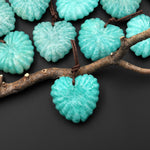 AAA Hand Carved Natural Aqua Blue Green Russian Amazonite Heart Shaped Leaf Pendant Drilled Gemstone