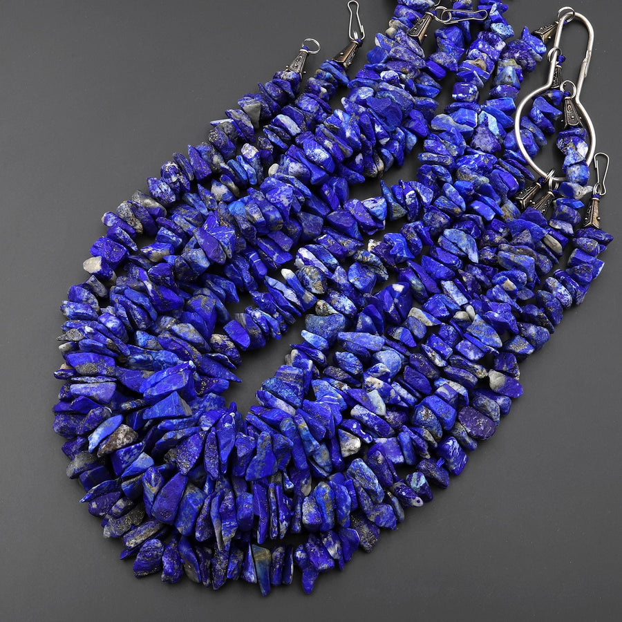 Natural Raw Blue Lapis Lazuli Hand Hammered Freeform Irregular Organic Chip Spike Beads 16.5" Strand