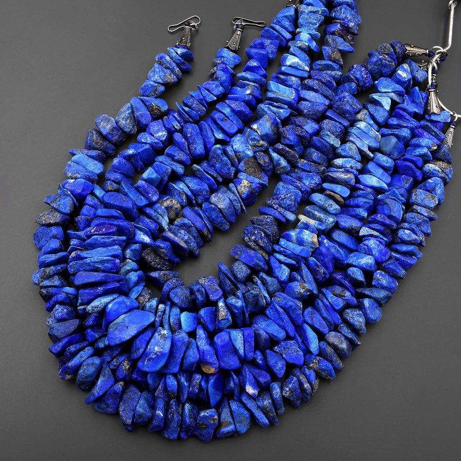 Natural Raw Blue Lapis Lazuli Hand Hammered Freeform Irregular Organic Chip Spike Beads 16.5" Strand B1699