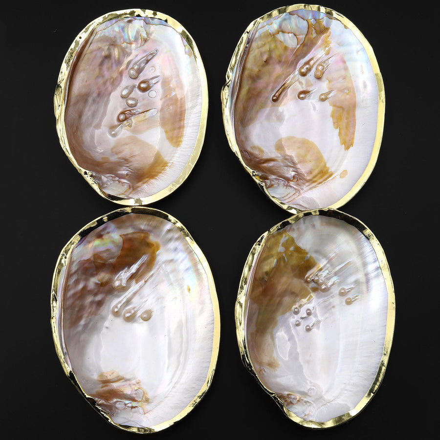 AAA Large Natural Mother of Pearl Shell Dish W Real Iridescent Blister Pearls Gold Trim