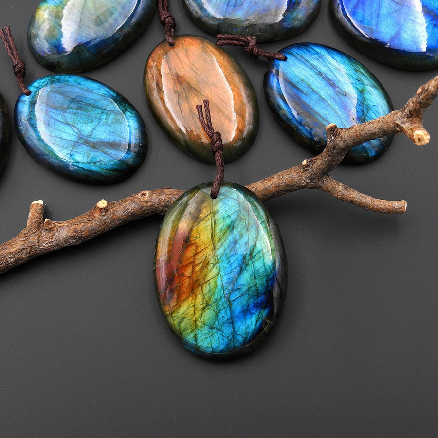 AAA Natural Golden Blue Labradorite Oval Pendant Drilled Gemstone A2