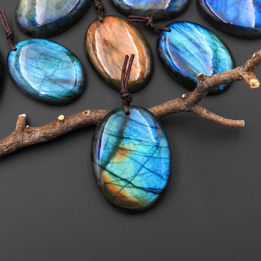 AAA Natural Golden Blue Labradorite Oval Pendant Drilled Gemstone A6