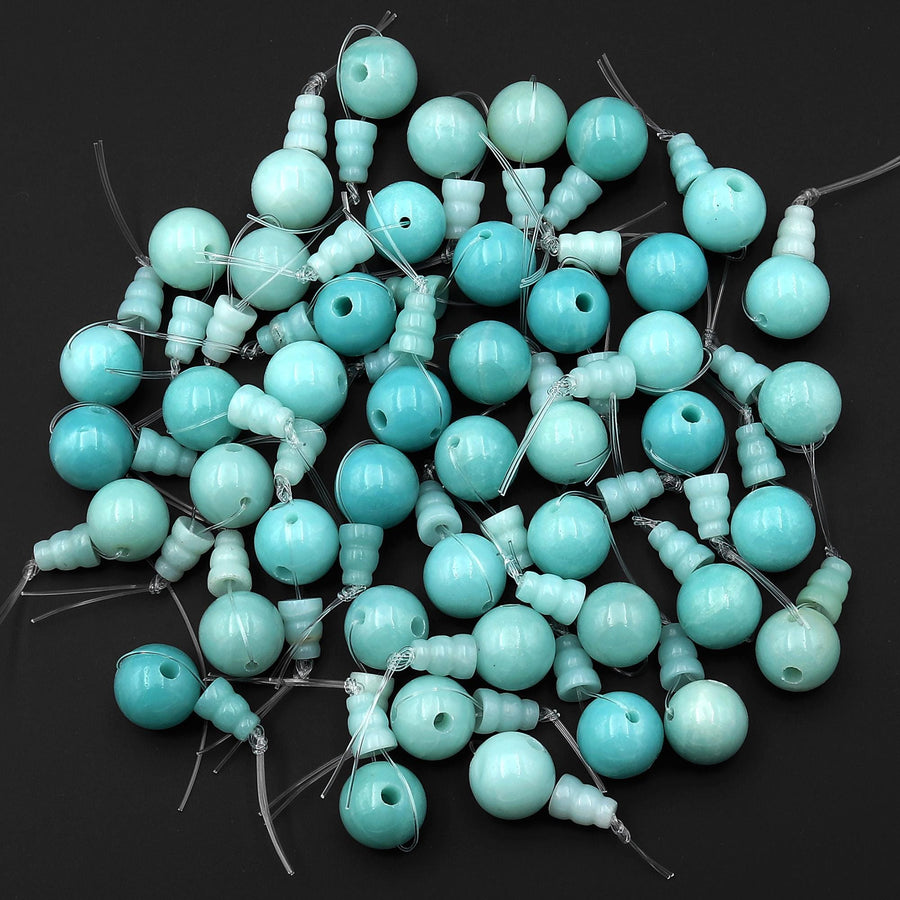 AAA Large 12mm Natural Gemstone Guru Blue Amazonite Beads Three Holes T-Beads Mala Making 3 Holes Prayer Beads Cones