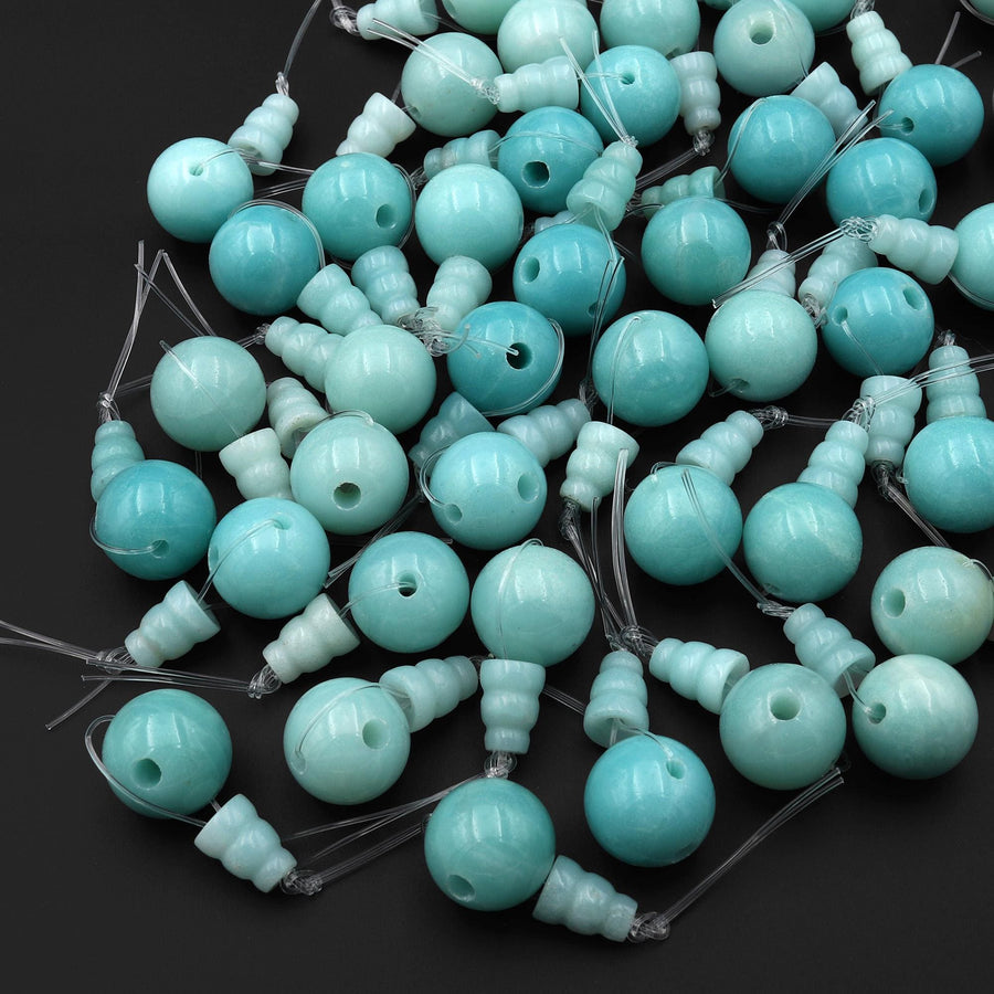 AAA Large 12mm Natural Gemstone Guru Blue Amazonite Beads Three Holes T-Beads Mala Making 3 Holes Prayer Beads Cones