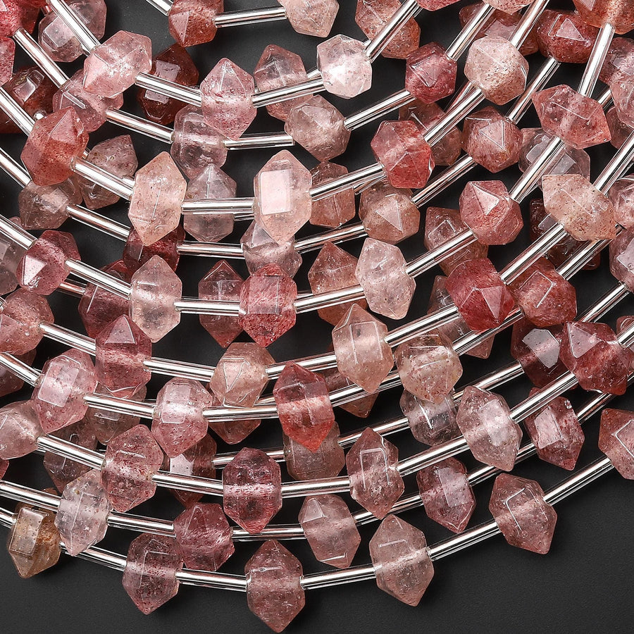 AAA Faceted Natural Strawberry Quartz Double Terminated Points 6x10mm Beads Center Drilled Gemstone 15.5" Strand