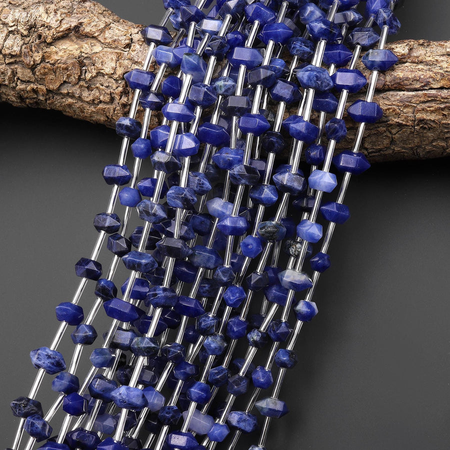 AAA Faceted Natural Blue Sodalite Double Terminated Points 6x10mm Beads Center Drilled Gemstone 15.5" Strand