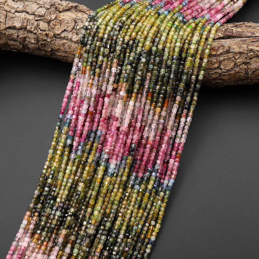 AAA Natural Tourmaline Faceted 2mm 3mm Pink Green Blue Cube Beads Gemstone 15.5" Strand b5025