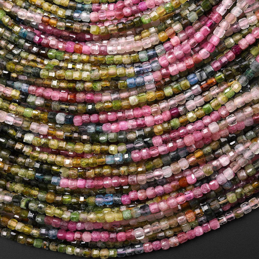 AAA Natural Tourmaline Faceted 2mm 3mm Pink Green Blue Cube Beads Gemstone 15.5" Strand b5025