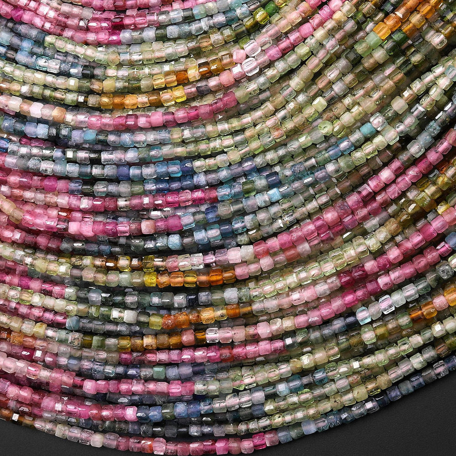 AAA Natural Tourmaline Faceted 2mm Pink Green Blue Cube Beads Gemstone 15.5" Strand b5026