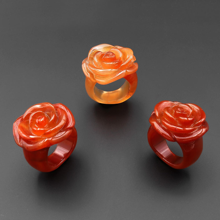 Hand Carved Natural Carnelian Rose Flower Ring Aka Dyed Sleeping Beauty
