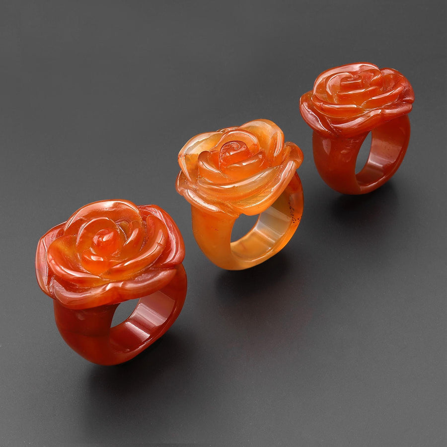 Hand Carved Natural Carnelian Rose Flower Ring Aka Dyed Sleeping Beauty