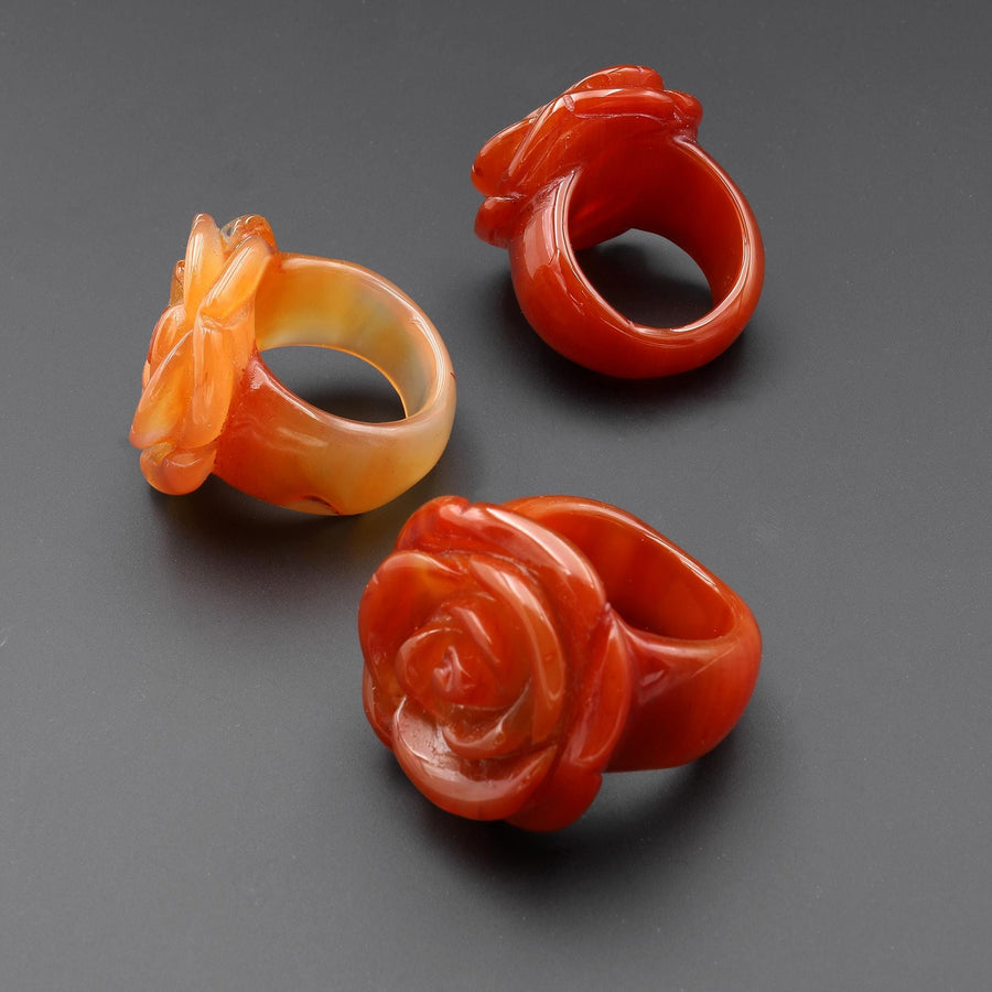 Hand Carved Natural Carnelian Rose Flower Ring Aka Dyed Sleeping Beauty