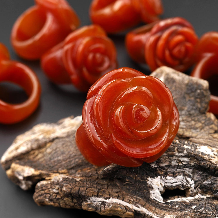 Hand Carved Natural Carnelian Rose Flower Ring Aka Dyed Sleeping Beauty