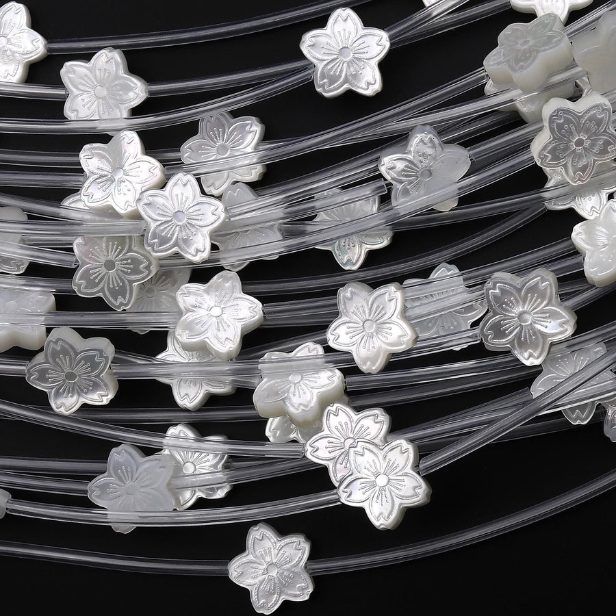 AAA Natural White Mother of Pearl Hand Carved Cherry Blossom Flower 10mm Gemstone Beads Strand