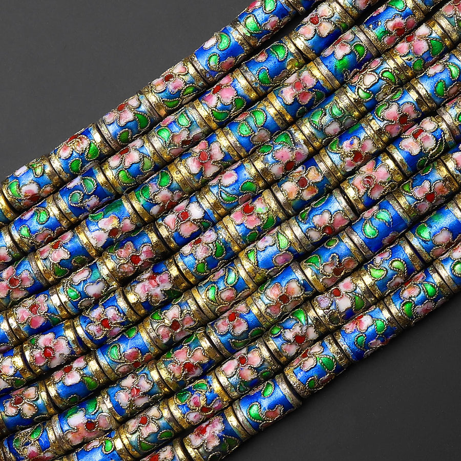 Cloisonné Cylinder Tube Beads Decorative Blue Red Gold Pink Green Floral Enamel 7x10mm 15.5" Strand