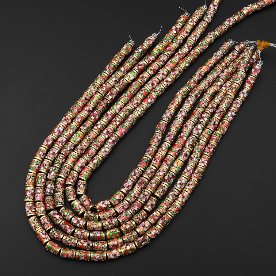 Cloisonné Cylinder Tube Beads Decorative Peach Gold Pink Green Floral Enamel 7x10mm 15.5" Strand