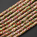 Cloisonné Cylinder Tube Beads Decorative Peach Gold Pink Green Floral Enamel 7x10mm 15.5" Strand