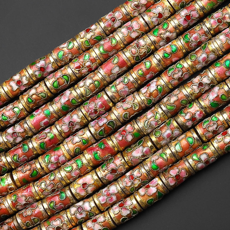 Cloisonné Cylinder Tube Beads Decorative Peach Gold Pink Green Floral Enamel 7x10mm 15.5" Strand