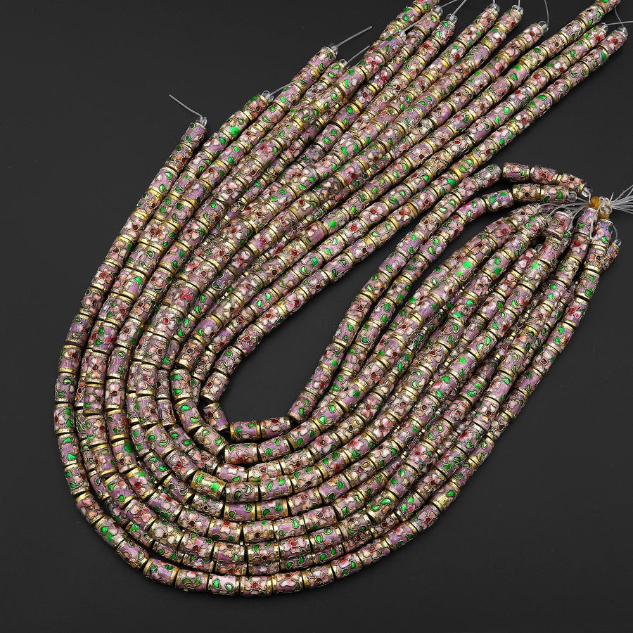 Cloisonné Cylinder Tube Beads Decorative Purple Red Gold Pink Green Floral Enamel 7x10mm 15.5" Strand