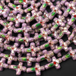 Lavender Purple Pink Green Cloisonné Cross Bead 13x18mm Decorative Floral 15.5" Strand