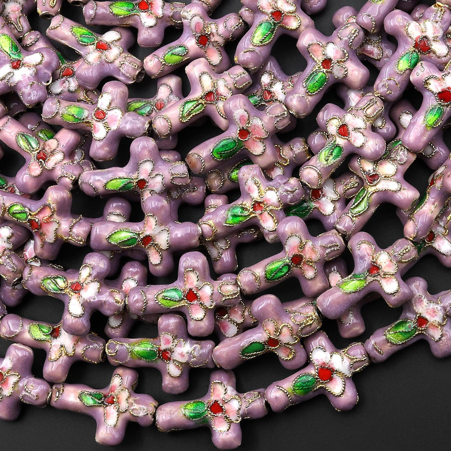 Lavender Purple Pink Green Cloisonné Cross Bead 13x18mm Decorative Floral 15.5" Strand
