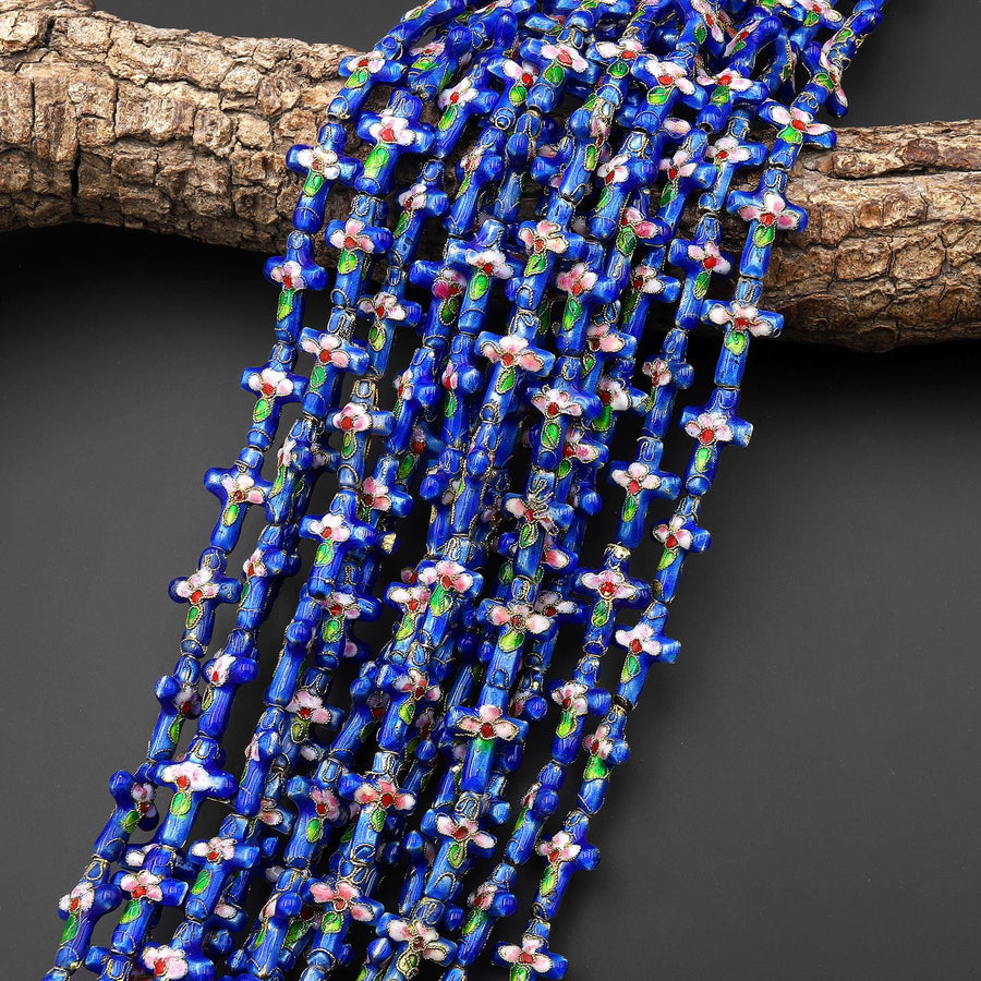 Cobalt Blue Pink Green Cloisonné Cross Bead 13x18mm Decorative Floral 15.5" Strand