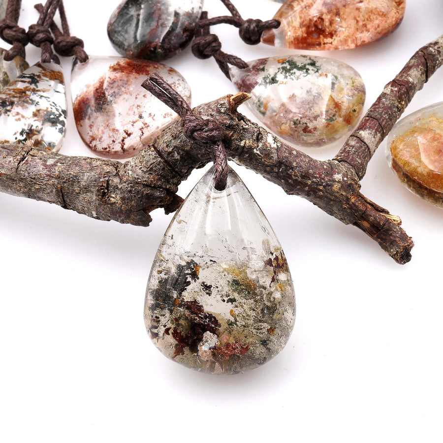 AAA Natural Lodalite Phantom Quartz Teardrop Pendant Drilled Gemstone Focal Bead A1