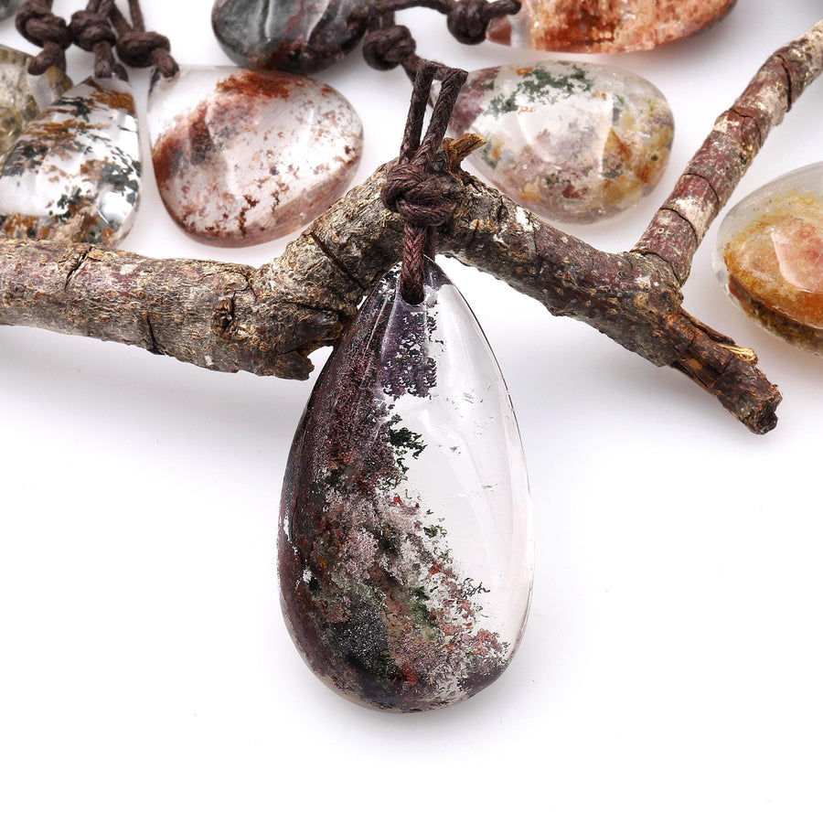 AAA Natural Lodalite Phantom Quartz Teardrop Pendant Drilled Gemstone Focal Bead A3