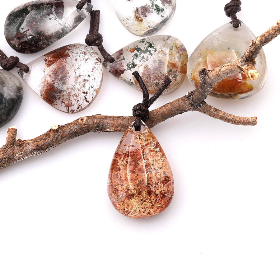 AAA Natural Lodalite Phantom Quartz Teardrop Pendant Drilled Gemstone Focal Bead A7