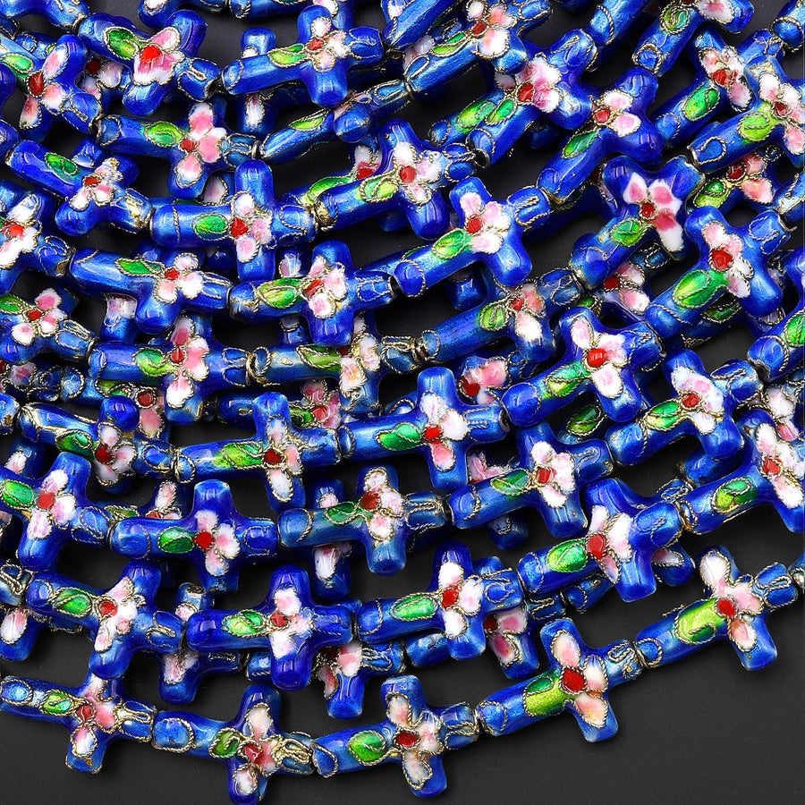 Cobalt Blue Pink Green Cloisonné Cross Bead 13x18mm Decorative Floral 15.5" Strand