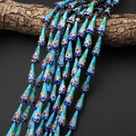 Turquoise Blue Pink Green Cloisonné Cone Cap Bead 9x22mm Decorative Floral 15.5" Strand