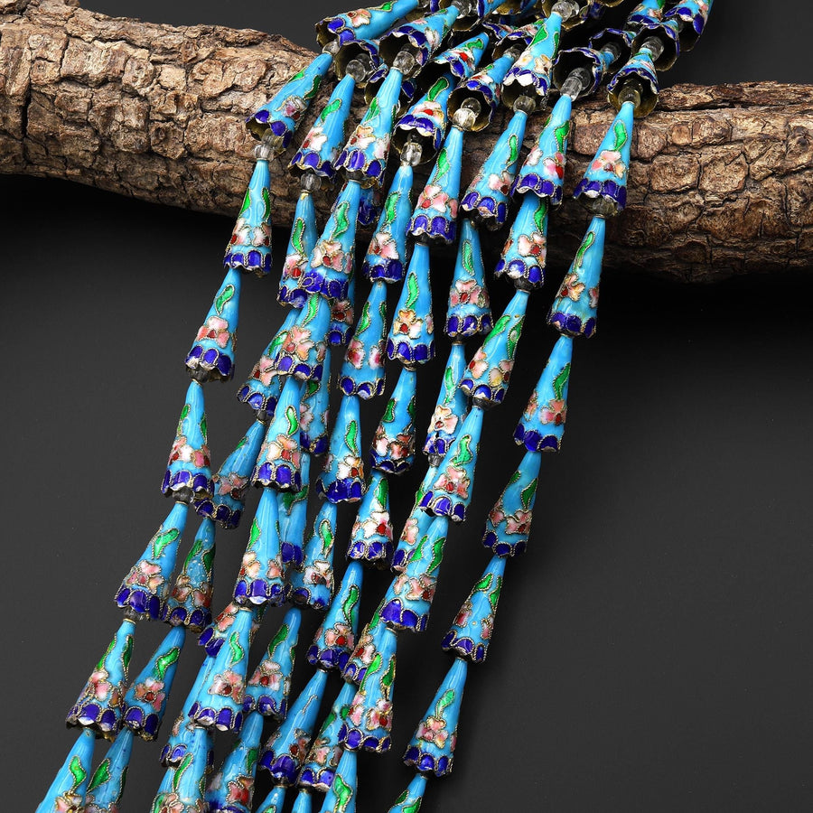 Turquoise Blue Pink Green Cloisonné Cone Cap Bead 9x22mm Decorative Floral 15.5" Strand