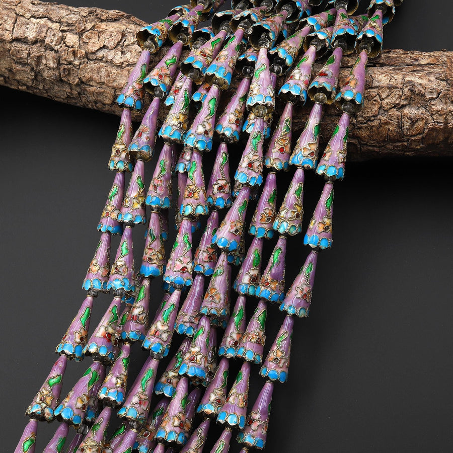 Lavender Purple Blue Pink Green Cloisonné Cone Cap Bead 9x22mm Decorative Floral 15.5" Strand