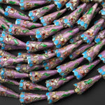 Lavender Purple Blue Pink Green Cloisonné Cone Cap Bead 9x22mm Decorative Floral 15.5" Strand