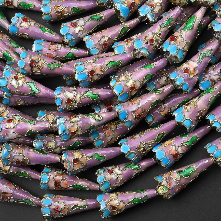 Lavender Purple Blue Pink Green Cloisonné Cone Cap Bead 9x22mm Decorative Floral 15.5" Strand