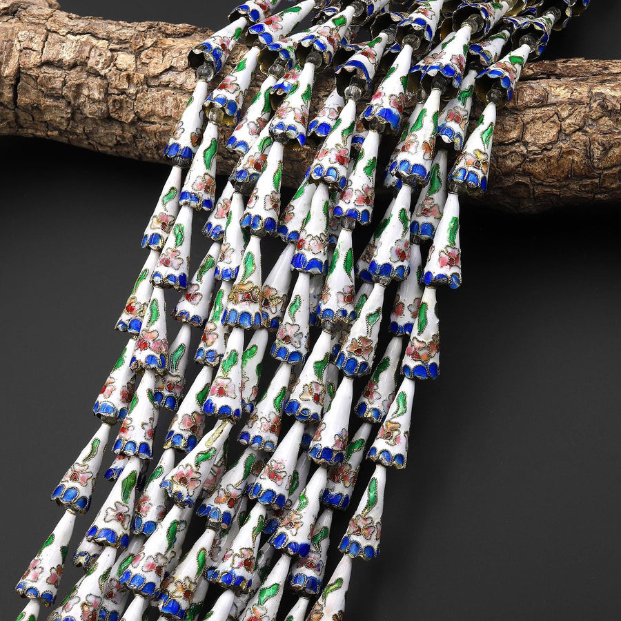 White Blue Pink Green Cloisonné Cone Cap Bead 9x22mm Decorative Floral 15.5" Strand