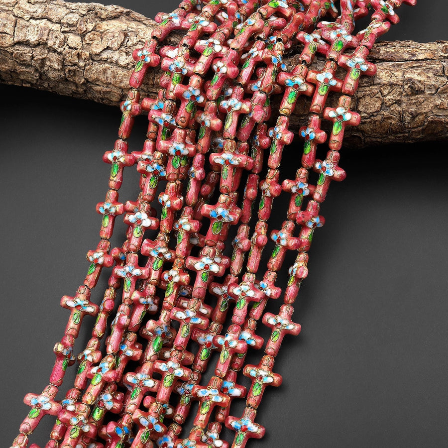 Coral Pink Green Cloisonné Cross Bead 13x18mm Decorative Floral 15.5" Strand