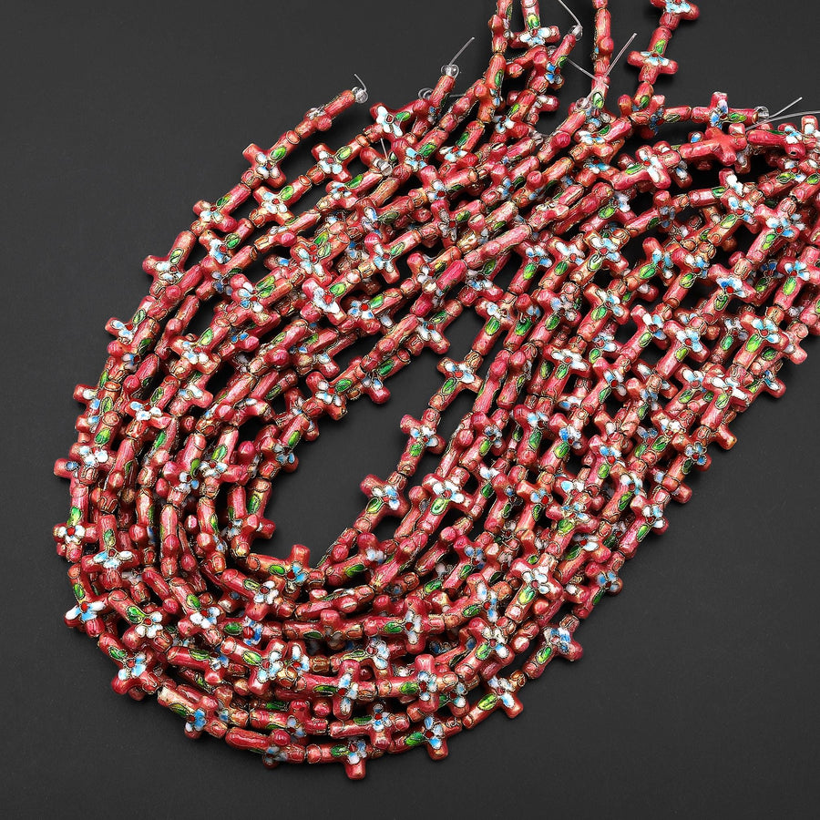 Coral Pink Green Cloisonné Cross Bead 13x18mm Decorative Floral 15.5" Strand