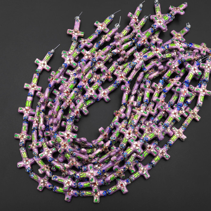 Lavender Purple Pink Green Blue Cloisonné Cross Bead 20x26mm Decorative Floral 15.5" Strand