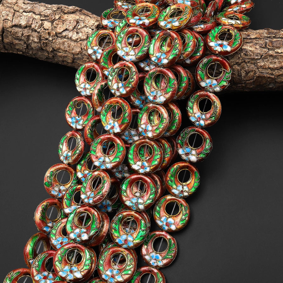 Hand Made Cloisonné Donut Beads 20mm Decorative Floral Enamel Antique Vintage Look 15.5" Strand