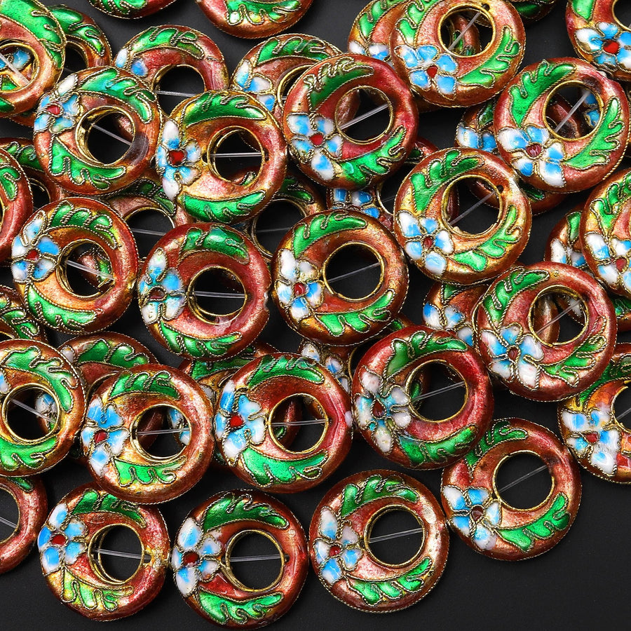 Hand Made Cloisonné Donut Beads 20mm Decorative Floral Enamel Antique Vintage Look 15.5" Strand